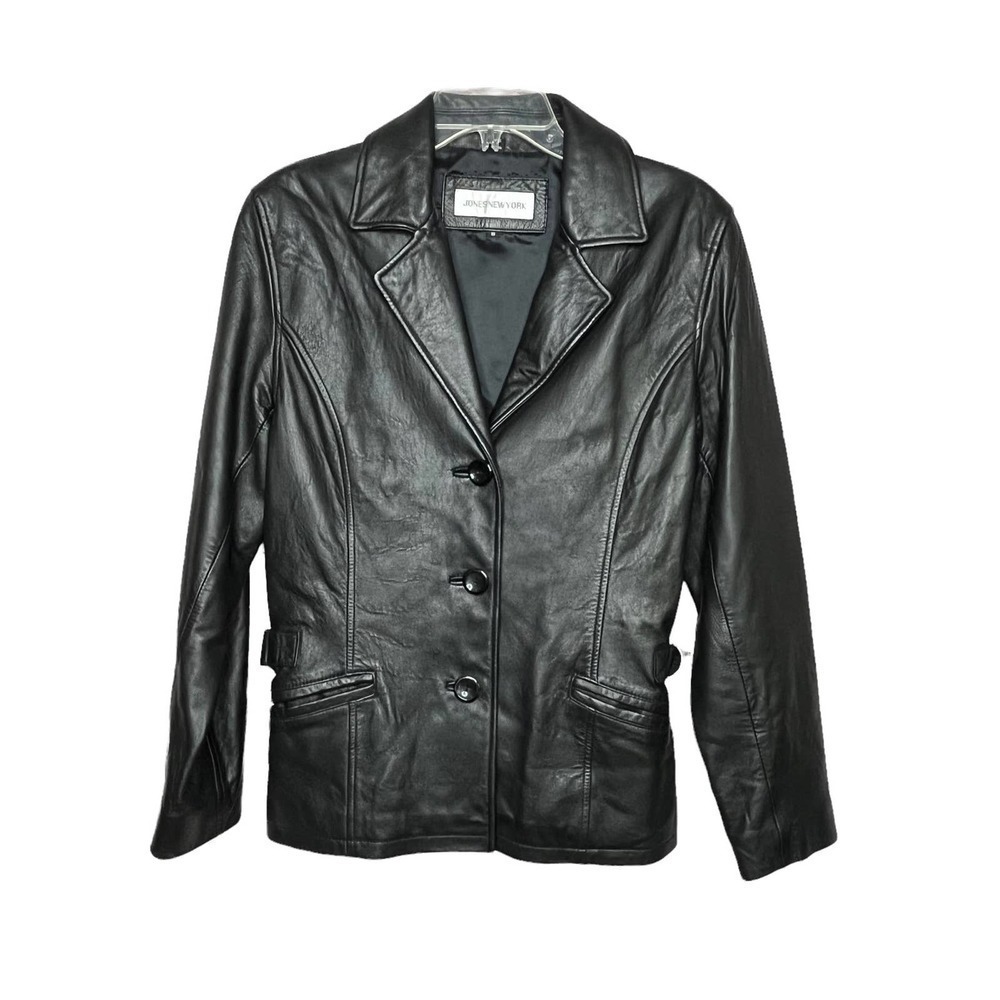 Jones New York Black Structured Leather Coat Jacket